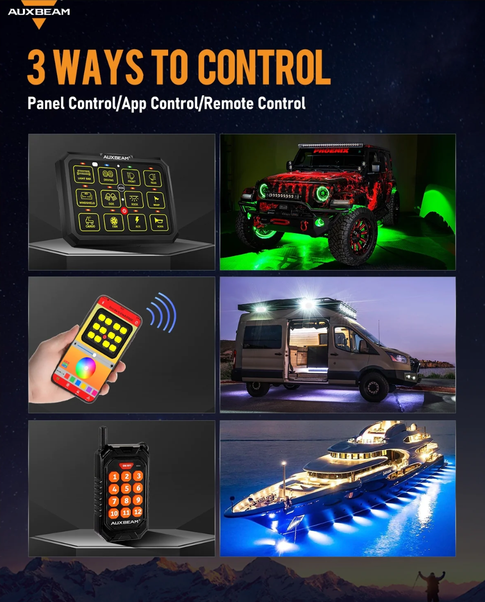 AC-1200 RGB SWITCH PANEL WITH APP&REMOTE CONTROL, TOGGLE/ MOMENTARY/ PULSED MODE SUPPORTED(ONE-SIDED OUTLET)