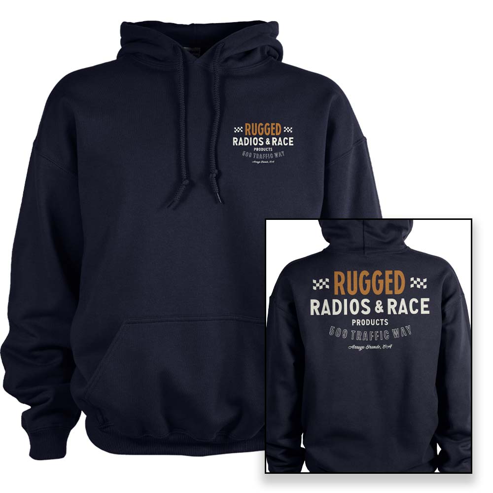 Vintage 'Rugged Radios & Race' Men's Pullover Hoodie - Navy