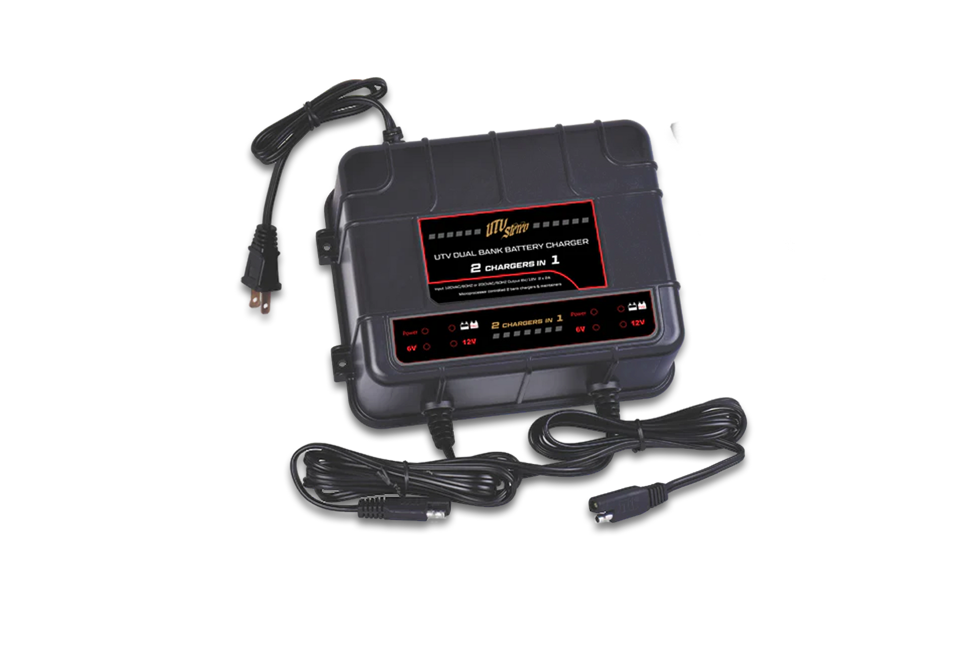 Dual bank battery charger device for powersports applications